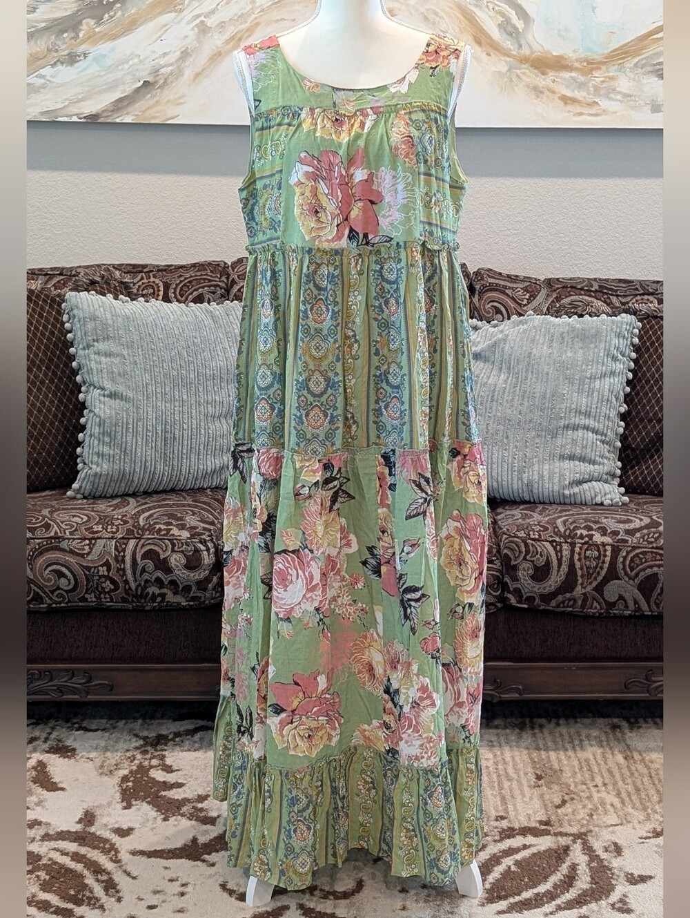 Boutique Green Floral Maxi Dress with Pink & Yellow Blooms